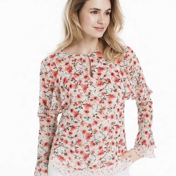 White House Black Market Pink Calico Floral Ruffled Long Bell Sleeve Blouse Sz 2 - Picture 1 of 14